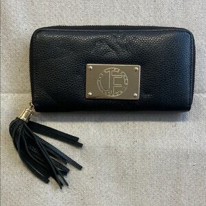 Jack French London Black Leather Zip Around Wallet Gold Plate Tassel